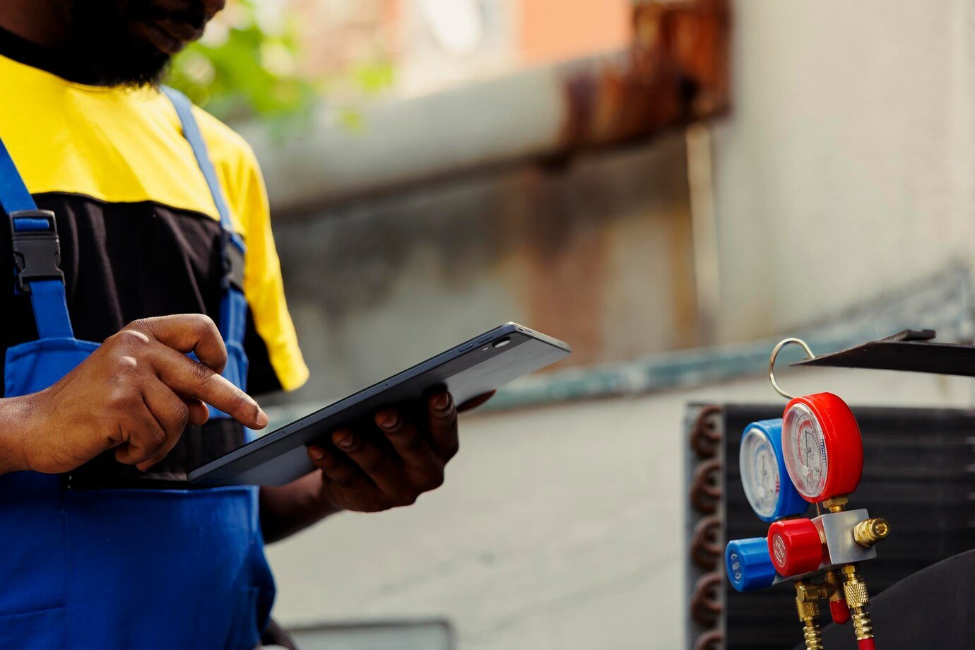 african-american-electrician-doing-leak-checks-other-necessary-repairs-prevent-major-breakdowns-licensed-serviceman-verifying-air-conditioner-writing-findings-clipboard_482257-70255